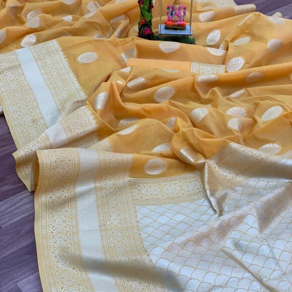 Soft Banarasi Saree in Pastel yellow with Rich Zari Border & Pallu Boutique - Picture 1 of 15